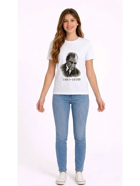 Kız Çocuk Atatürk Baskılı Tişört Kısa Kollu Bisiklet Yaka T-shirt - Beyaz Kız Çocuk Atatürk Baskılı Tişört Kısa Kollu Bisiklet Yaka T-shirt - Beyaz