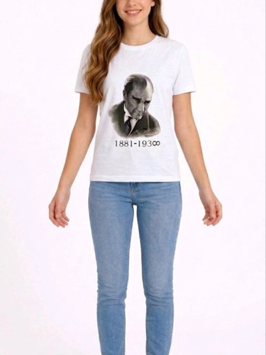 Kız Çocuk Atatürk Baskılı Tişört Kısa Kollu Bisiklet Yaka T-shirt - Beyaz