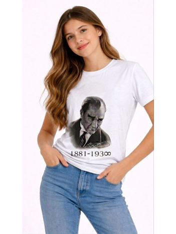 Kız Çocuk Atatürk Baskılı Tişört Kısa Kollu Bisiklet Yaka T-shirt - Beyaz