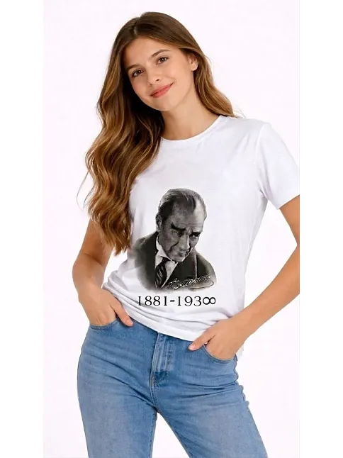 Kız Çocuk Atatürk Baskılı Tişört Kısa Kollu Bisiklet Yaka T-shirt - Beyaz Kız Çocuk Atatürk Baskılı Tişört Kısa Kollu Bisiklet Yaka T-shirt - Beyaz