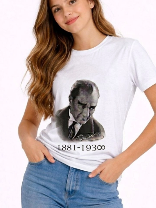 Kız Çocuk Atatürk Baskılı Tişört Kısa Kollu Bisiklet Yaka T-shirt - Beyaz