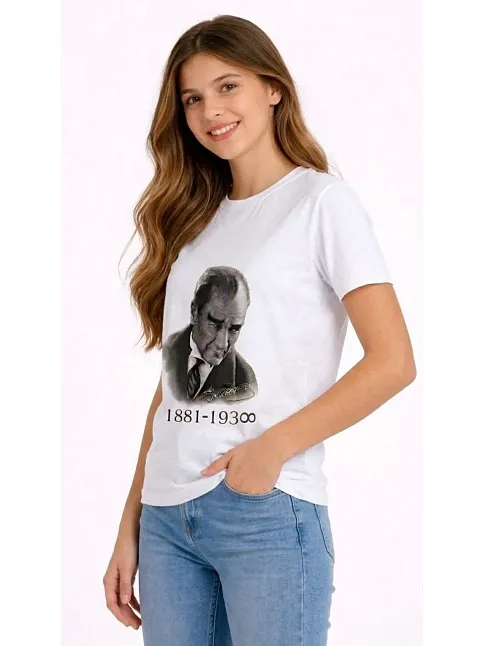 Kız Çocuk Atatürk Baskılı Tişört Kısa Kollu Bisiklet Yaka T-shirt - Beyaz Kız Çocuk Atatürk Baskılı Tişört Kısa Kollu Bisiklet Yaka T-shirt - Beyaz