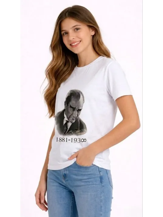 Kız Çocuk Atatürk Baskılı Tişört Kısa Kollu Bisiklet Yaka T-shirt - Beyaz