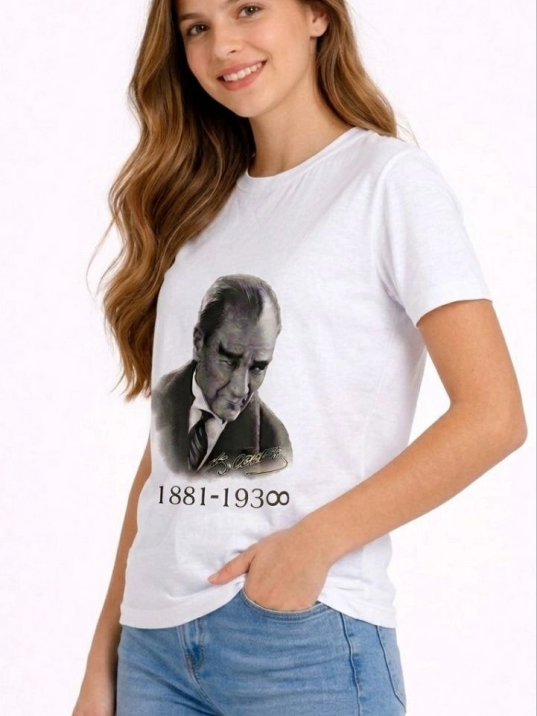 Kız Çocuk Atatürk Baskılı Tişört Kısa Kollu Bisiklet Yaka T-shirt - Beyaz