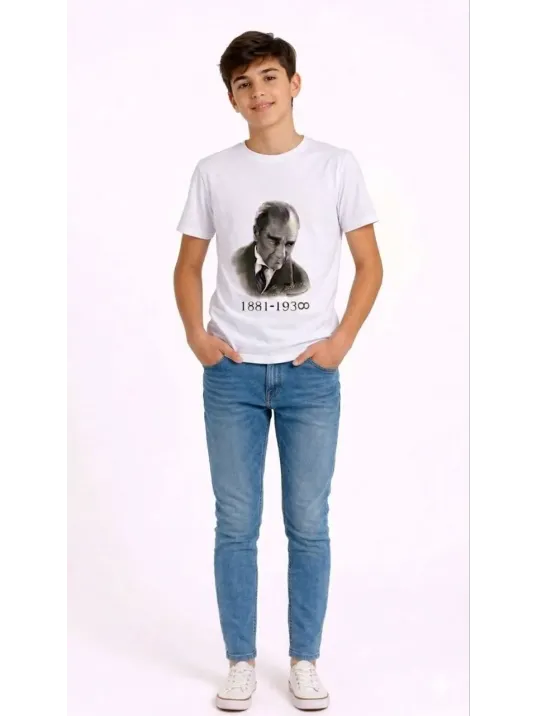 Erkek Çocuk Atatürk Baskılı Tişört Kısa Kollu Bisiklet Yaka T-shirt - Beyaz