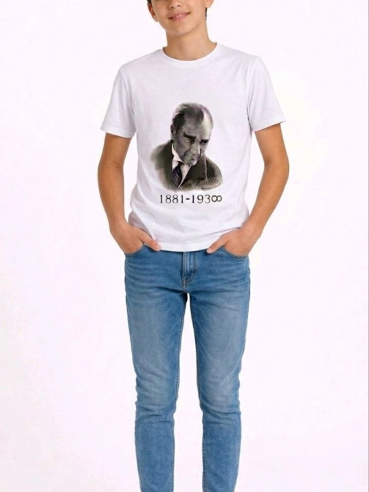 Erkek Çocuk Atatürk Baskılı Tişört Kısa Kollu Bisiklet Yaka T-shirt - Beyaz
