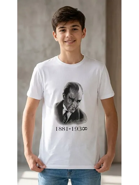Erkek Çocuk Atatürk Baskılı Tişört Kısa Kollu Bisiklet Yaka T-shirt - Beyaz