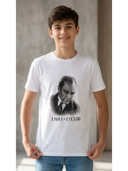 Erkek Çocuk Atatürk Baskılı Tişört Kısa Kollu Bisiklet Yaka T-shirt - Beyaz