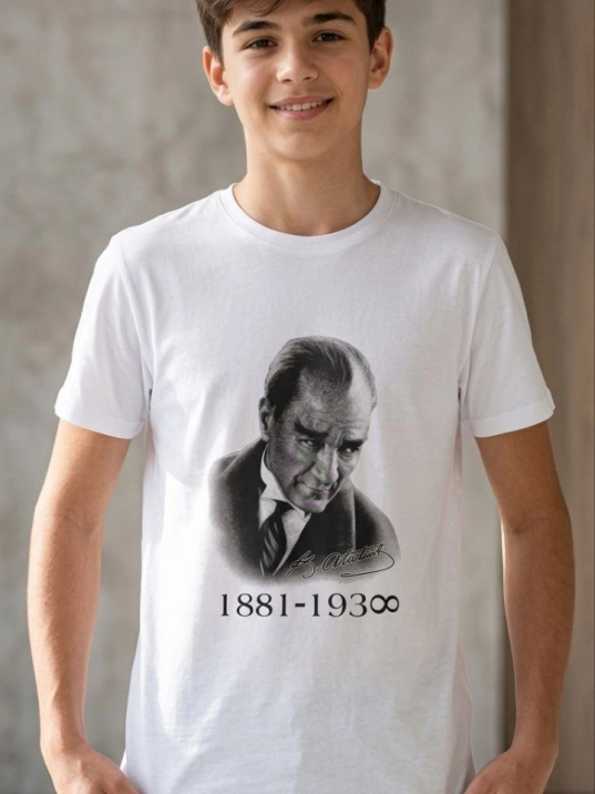 Erkek Çocuk Atatürk Baskılı Tişört Kısa Kollu Bisiklet Yaka T-shirt - Beyaz