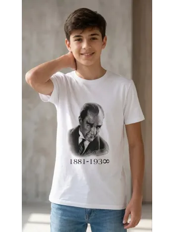 Erkek Çocuk Atatürk Baskılı Tişört Kısa Kollu Bisiklet Yaka T-shirt - Beyaz