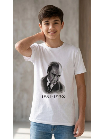 Erkek Çocuk Atatürk Baskılı Tişört Kısa Kollu Bisiklet Yaka T-shirt - Beyaz