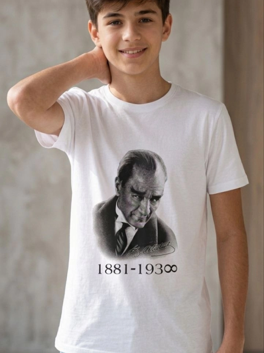 Erkek Çocuk Atatürk Baskılı Tişört Kısa Kollu Bisiklet Yaka T-shirt - Beyaz