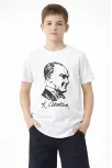 Erkek Çocuk Atatürk Baskılı Tişört Kısa Kollu Bisiklet Yaka T-shirt - Beyaz