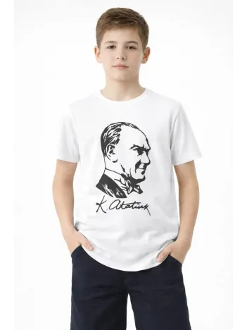 Erkek Çocuk Atatürk Baskılı Tişört Kısa Kollu Bisiklet Yaka T-shirt - Beyaz