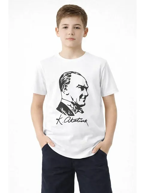 Erkek Çocuk Atatürk Baskılı Tişört Kısa Kollu Bisiklet Yaka T-shirt - Beyaz