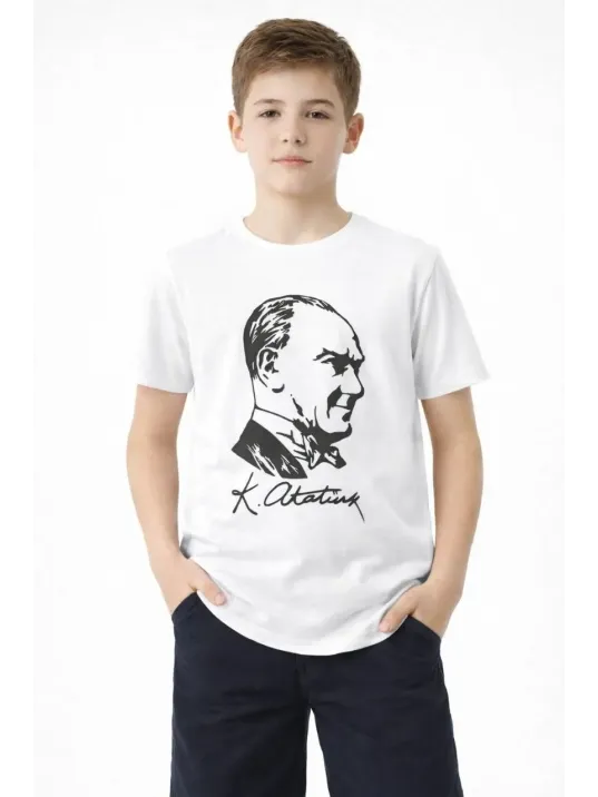 Erkek Çocuk Atatürk Baskılı Tişört Kısa Kollu Bisiklet Yaka T-shirt - Beyaz