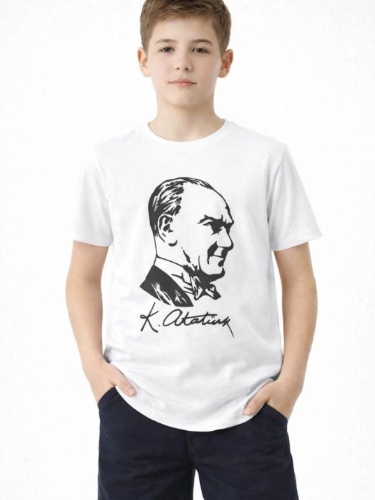 Erkek Çocuk Atatürk Baskılı Tişört Kısa Kollu Bisiklet Yaka T-shirt - Beyaz