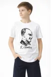 Erkek Çocuk Atatürk Baskılı Tişört Kısa Kollu Bisiklet Yaka T-shirt - Beyaz