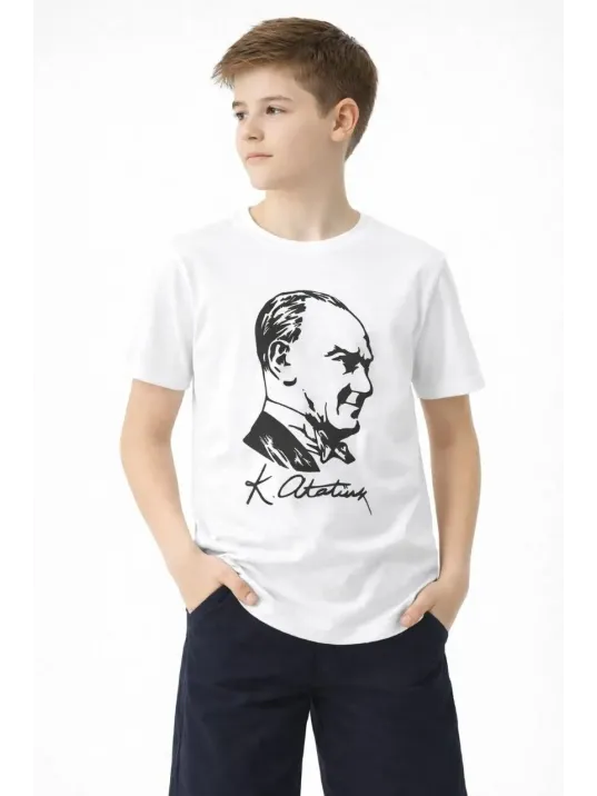Erkek Çocuk Atatürk Baskılı Tişört Kısa Kollu Bisiklet Yaka T-shirt - Beyaz