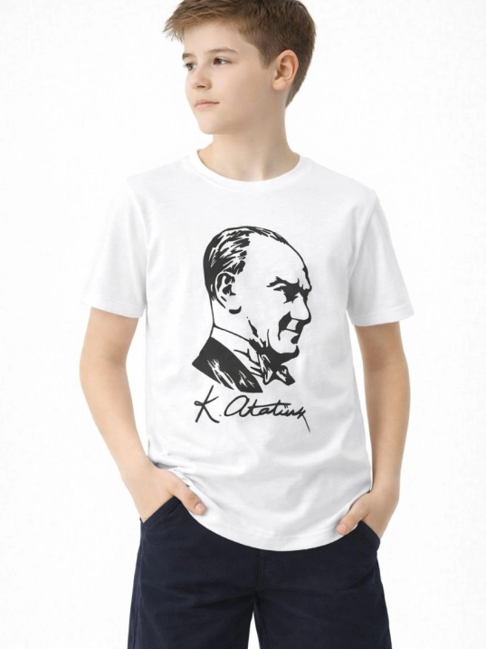 Erkek Çocuk Atatürk Baskılı Tişört Kısa Kollu Bisiklet Yaka T-shirt - Beyaz