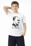 Erkek Çocuk Atatürk Baskılı Tişört Kısa Kollu Bisiklet Yaka T-shirt - Beyaz