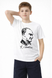 Erkek Çocuk Atatürk Baskılı Tişört Kısa Kollu Bisiklet Yaka T-shirt - Beyaz