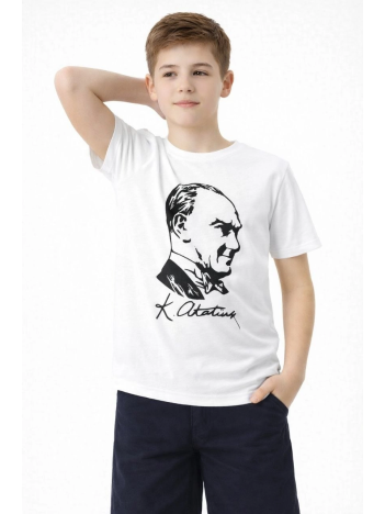 Erkek Çocuk Atatürk Baskılı Tişört Kısa Kollu Bisiklet Yaka T-shirt - Beyaz