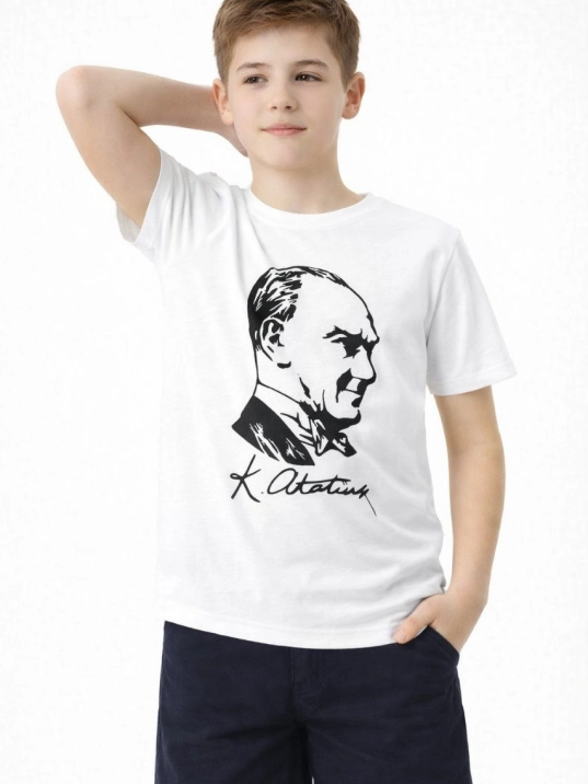 Erkek Çocuk Atatürk Baskılı Tişört Kısa Kollu Bisiklet Yaka T-shirt - Beyaz