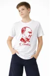 Erkek Çocuk Atatürk Baskılı Tişört Kısa Kollu Bisiklet Yaka T-shirt - Beyaz