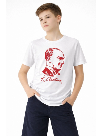 Erkek Çocuk Atatürk Baskılı Tişört Kısa Kollu Bisiklet Yaka T-shirt - Beyaz