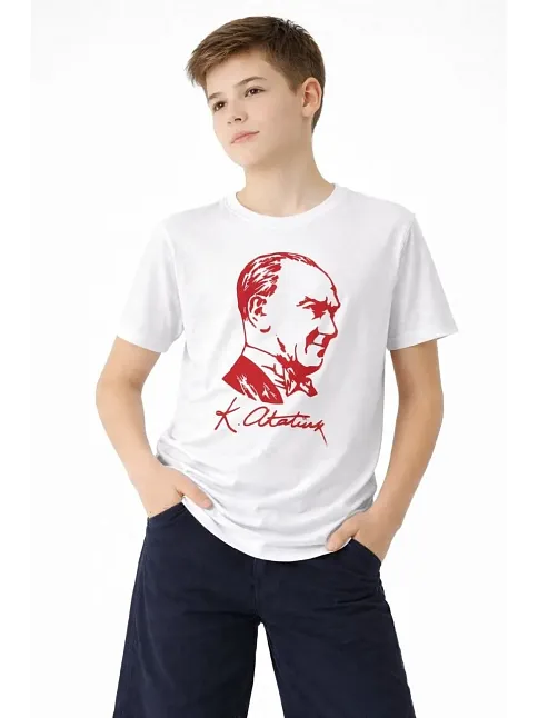 Erkek Çocuk Atatürk Baskılı Tişört Kısa Kollu Bisiklet Yaka T-shirt - Beyaz