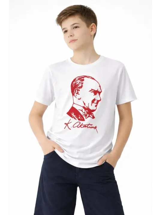 Erkek Çocuk Atatürk Baskılı Tişört Kısa Kollu Bisiklet Yaka T-shirt - Beyaz