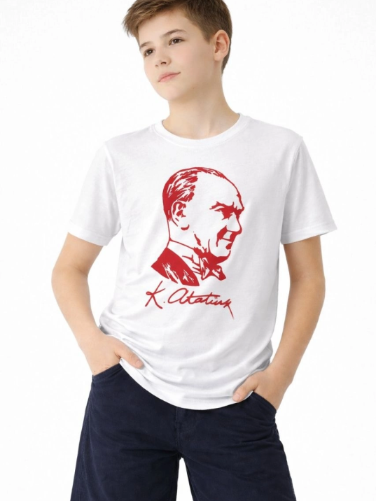 Erkek Çocuk Atatürk Baskılı Tişört Kısa Kollu Bisiklet Yaka T-shirt - Beyaz