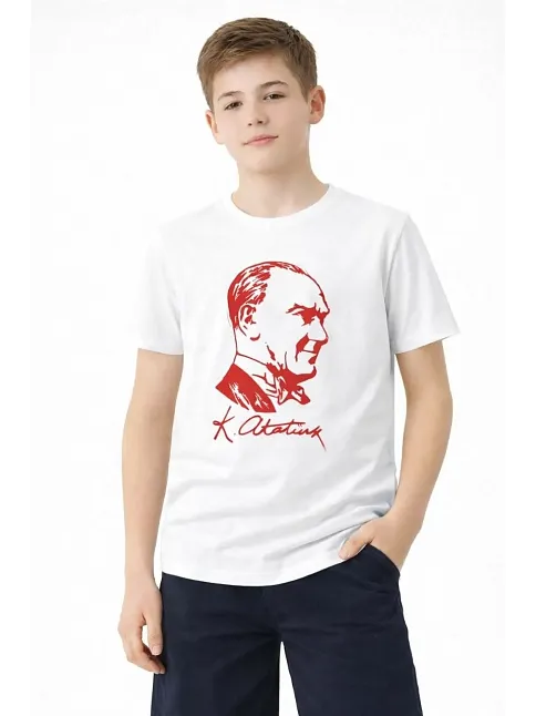 Erkek Çocuk Atatürk Baskılı Tişört Kısa Kollu Bisiklet Yaka T-shirt - Beyaz
