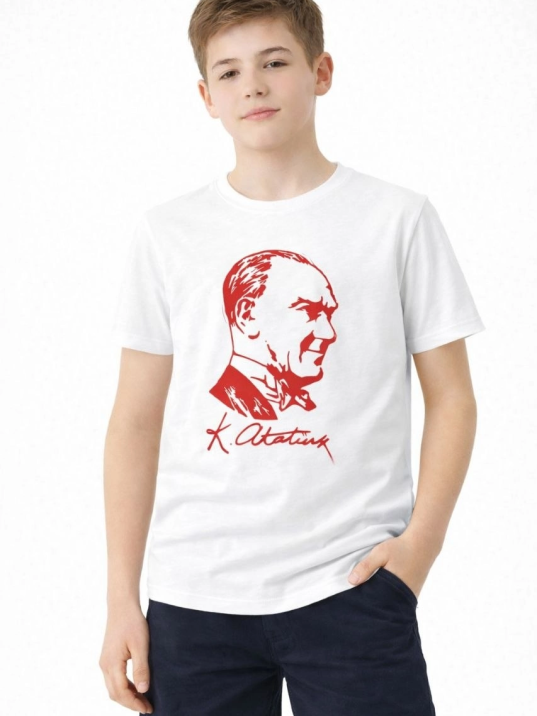 Erkek Çocuk Atatürk Baskılı Tişört Kısa Kollu Bisiklet Yaka T-shirt - Beyaz