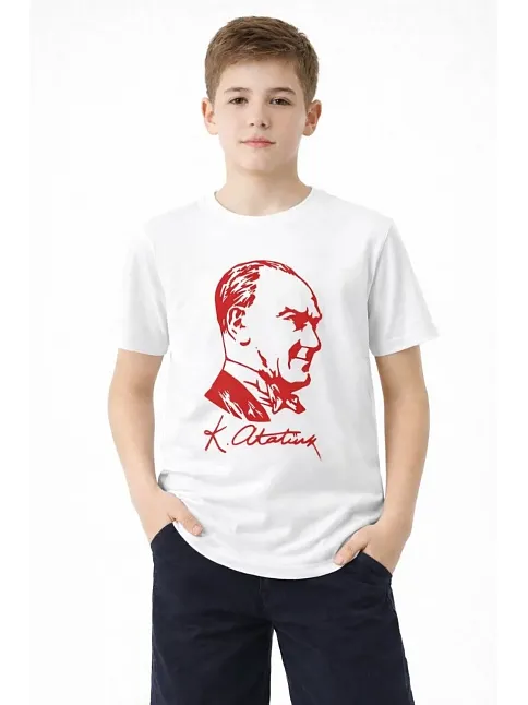 Erkek Çocuk Atatürk Baskılı Tişört Kısa Kollu Bisiklet Yaka T-shirt - Beyaz