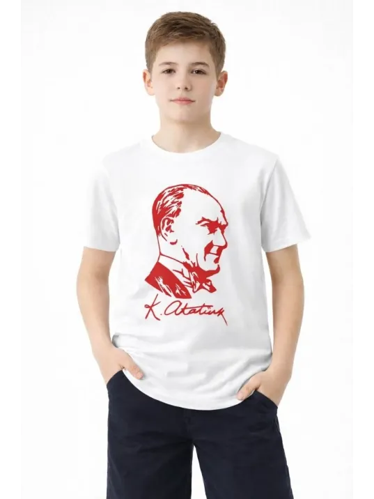 Erkek Çocuk Atatürk Baskılı Tişört Kısa Kollu Bisiklet Yaka T-shirt - Beyaz