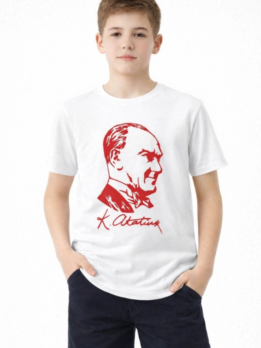 Erkek Çocuk Atatürk Baskılı Tişört Kısa Kollu Bisiklet Yaka T-shirt - Beyaz