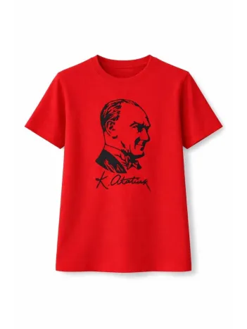 Kız Çocuk Atatürk Baskılı Tişört Kısa Kollu Bisiklet Yaka T-shirt - Kırmızı
