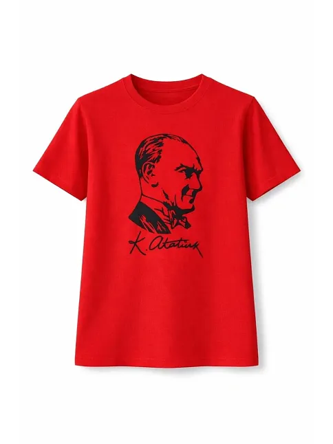 Kız Çocuk Atatürk Baskılı Tişört Kısa Kollu Bisiklet Yaka T-shirt - Kırmızı