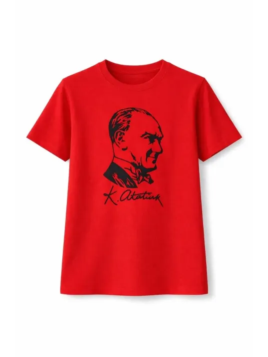 Kız Çocuk Atatürk Baskılı Tişört Kısa Kollu Bisiklet Yaka T-shirt - Kırmızı