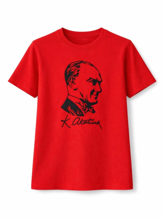Kız Çocuk Atatürk Baskılı Tişört Kısa Kollu Bisiklet Yaka T-shirt - Kırmızı