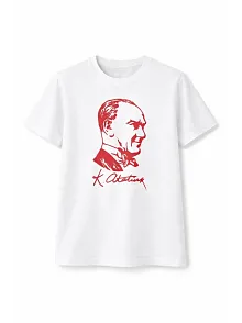 Erkek Çocuk Atatürk Baskılı Tişört Kısa Kollu Bisiklet Yaka T-shirt - Beyaz