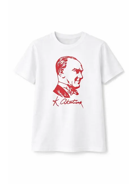 Erkek Çocuk Atatürk Baskılı Tişört Kısa Kollu Bisiklet Yaka T-shirt - Beyaz