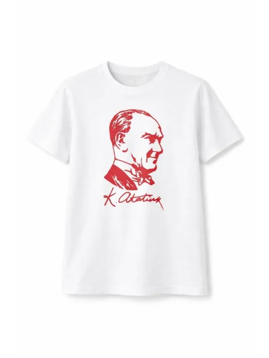 Erkek Çocuk Atatürk Baskılı Tişört Kısa Kollu Bisiklet Yaka T-shirt - Beyaz