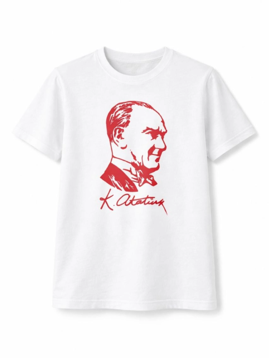 Erkek Çocuk Atatürk Baskılı Tişört Kısa Kollu Bisiklet Yaka T-shirt - Beyaz