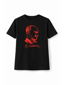 Kız Çocuk Atatürk Baskılı Tişört Kısa Kollu Bisiklet Yaka T-shirt - Siyah