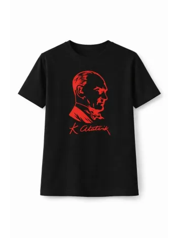 Kız Çocuk Atatürk Baskılı Tişört Kısa Kollu Bisiklet Yaka T-shirt - Siyah