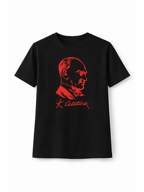 Kız Çocuk Atatürk Baskılı Tişört Kısa Kollu Bisiklet Yaka T-shirt - Siyah