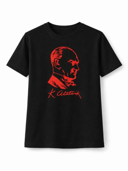 Kız Çocuk Atatürk Baskılı Tişört Kısa Kollu Bisiklet Yaka T-shirt - Siyah